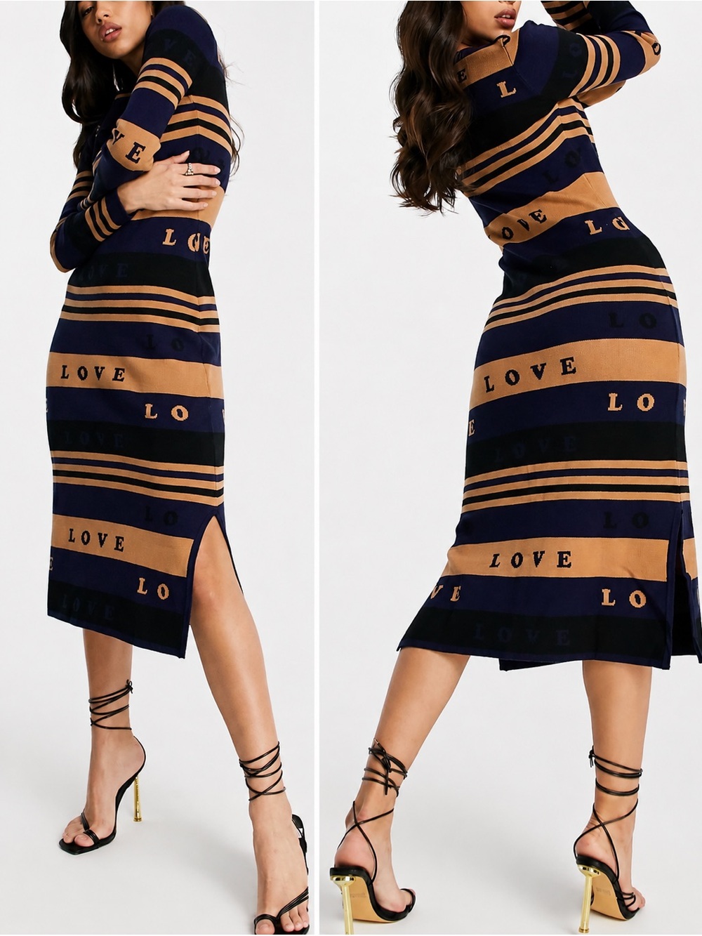 Never Fully Dressed True Love Knit Navy Stripe Side Slit Midi Dress